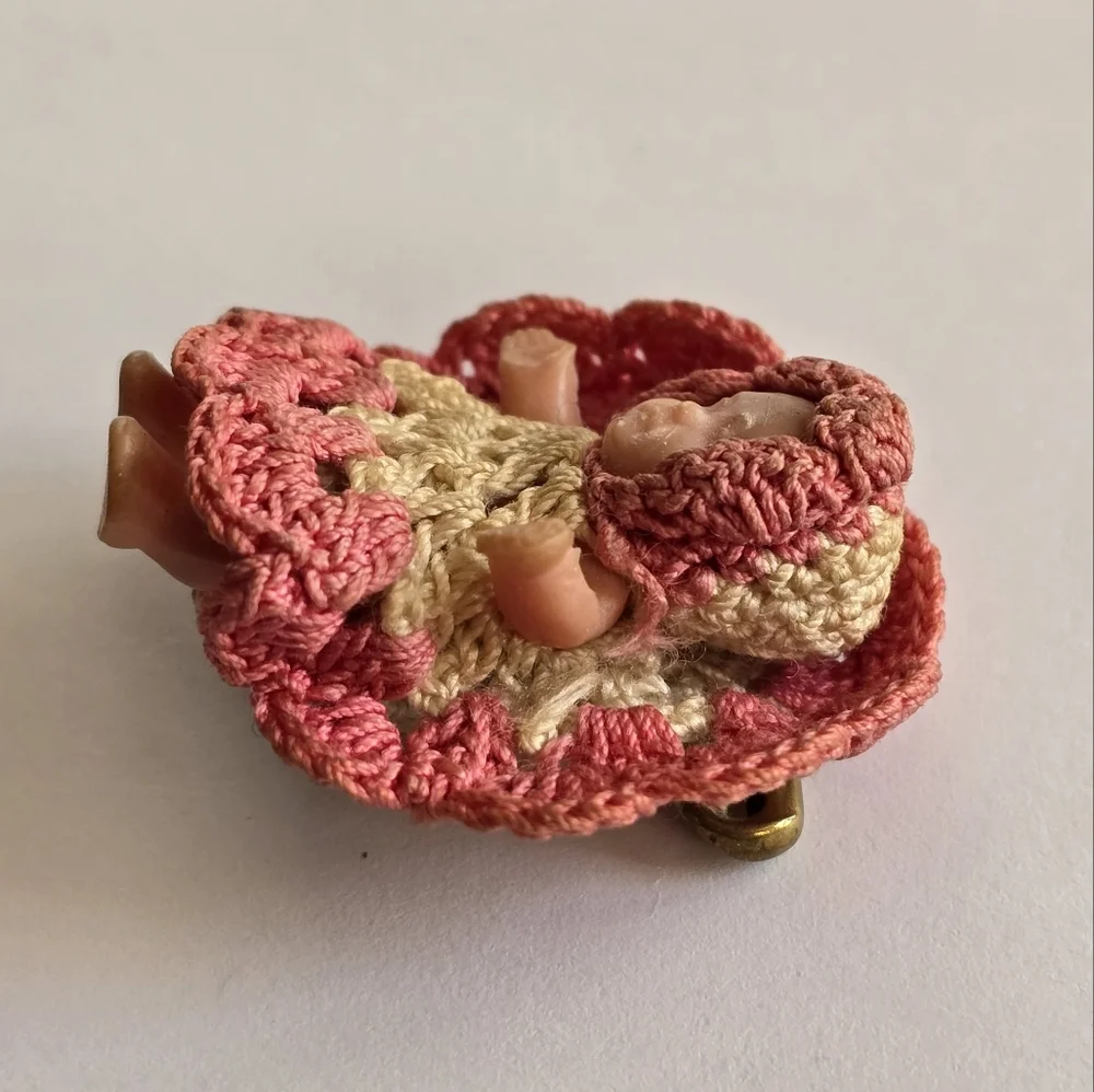Vintage brooch baby doll with crochet dress and diaper dollhouse pin mini